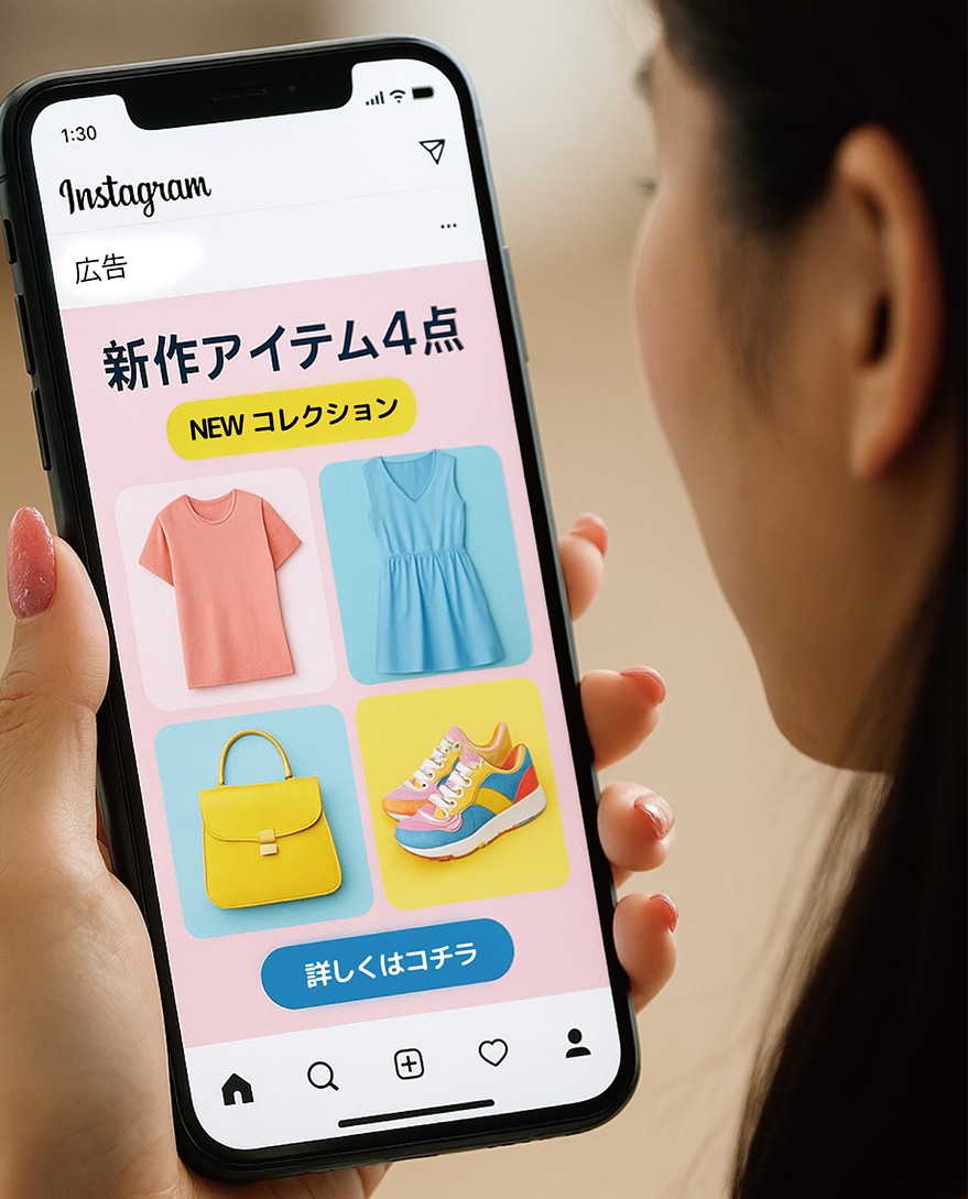Instagramで服の広告を見る女性