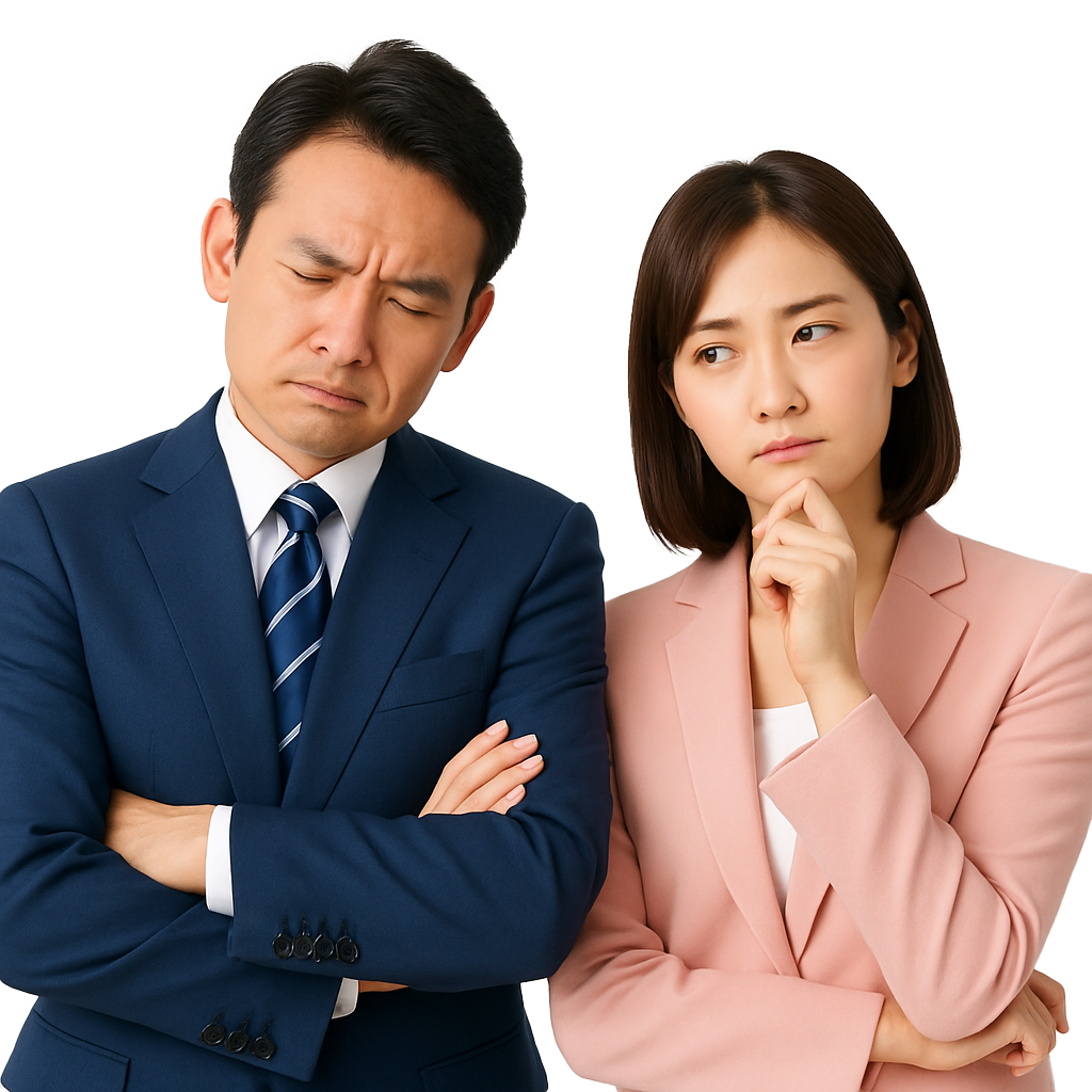 悩んでいるビジネスマンとビジネスウーマン