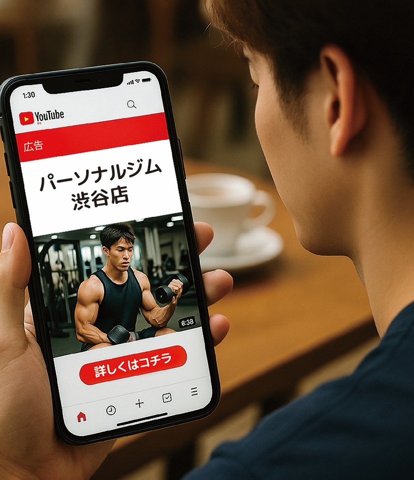 YouTube風のジム広告を見る男性