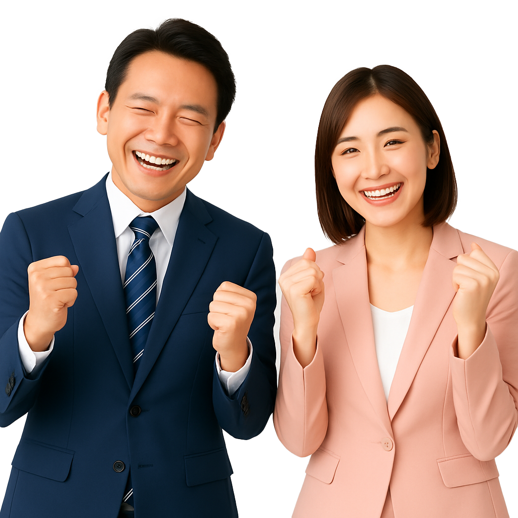 ネット広告の悩みが解決して喜んでいるビジネスマンとビジネスウーマン